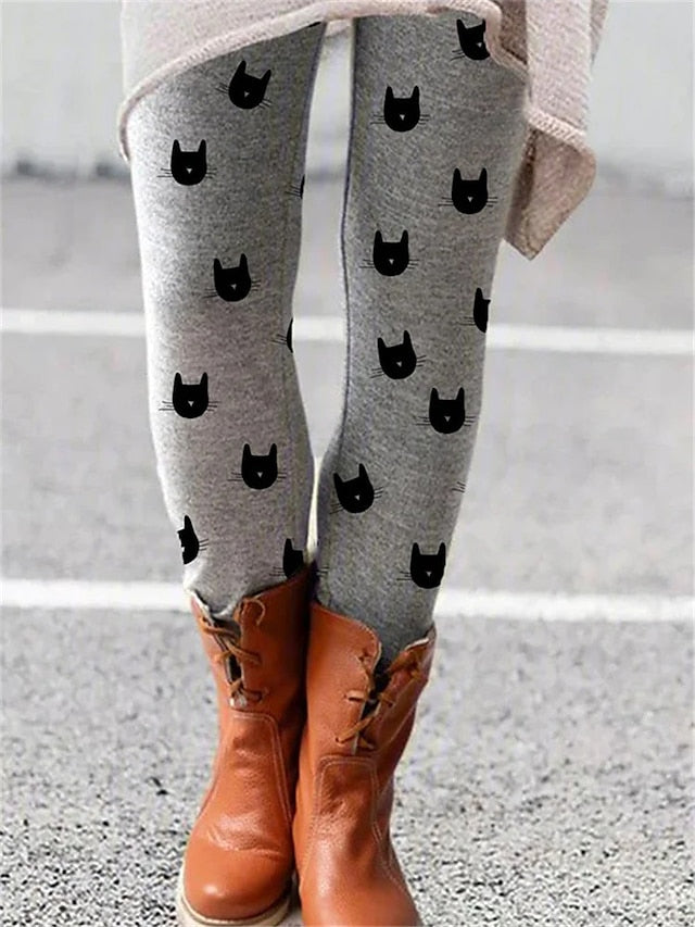 Women's Tights Normal Polyester Cat Black White Fashion High Waist Ankle-Length Yoga Halloween Summer Spring &  Fall