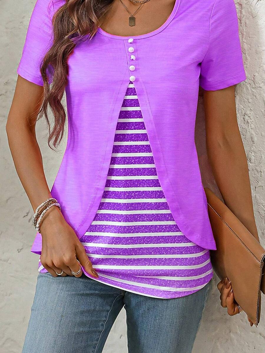 Women's Tunic Striped Daily Vacation Lace Pink Short Sleeve Fashion Crew Neck Summer