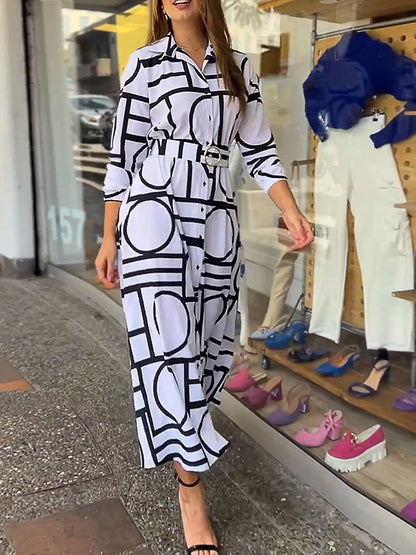 Women's Shirt Dress Casual Dress Maxi long Dress Outdoor Daily Vacation Polyester Fashion Modern Shirt Collar Button Print Long Sleeve Summer Spring Fall 2023 Loose Fit White Geometric Color Block S