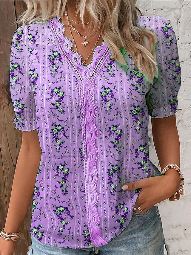 Women's Shirt Boho Shirt Lace Shirt Blouse Floral Casual Holiday Print Lace Trims Blue Short Sleeve Basic V Neck