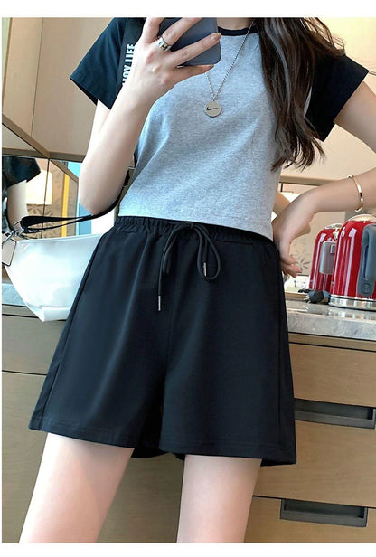 Women's Wide Leg Polyester Plain Black White Fashion Short Casual Weekend