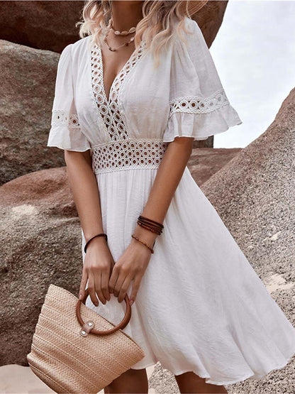 Women's Summer Dress Boho Chic Dresses White Lace Dress with Sleeves Mini Dress Ruffle Vacation Beach Bohemia V Neck Short Sleeve White Blue Color