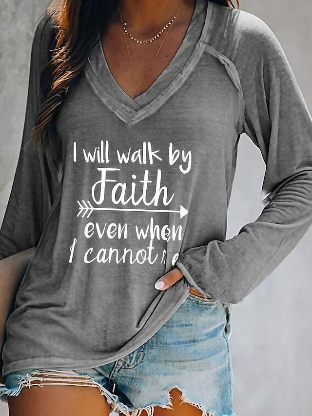 Women's T shirt Tee Text Valentine's Day Daily Weekend Print White Long Sleeve Basic V Neck Fall & Winter