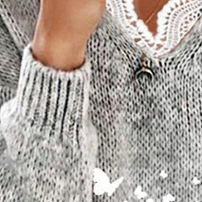 Women's Pullover Sweater Jumper V Neck Crochet Knit Rayon Knitted Lace Trims Fall Winter Outdoor Daily Going out Stylish Casual Soft Long Sleeve Butterfly Yellow Gray S M L