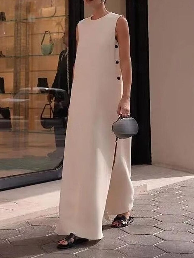 Women's White Dress Casual Dress Tank Dress Maxi Dress Button Split Date Vacation Streetwear Maxi Crew Neck Sleeveless White Color