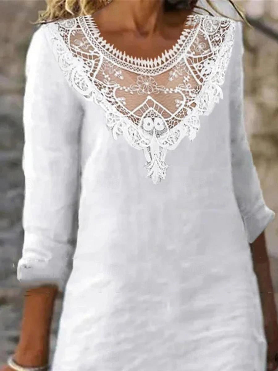 Women's White Dress Casual Dress Cotton Linen Dress Mini Dress Lace Patchwork Basic Daily Crew Neck 3/4 Length Sleeve Summer Spring White Plain