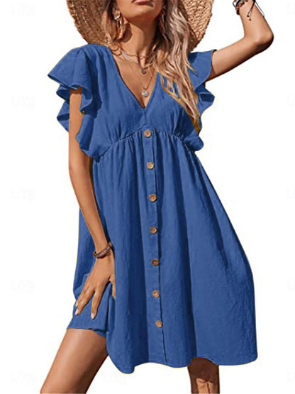 Women's Summer Dress Plain Dress Mini Dress Ruffle Button Vacation Basic Casual V Neck Sleeveless Navy Blue Blue Khaki Color