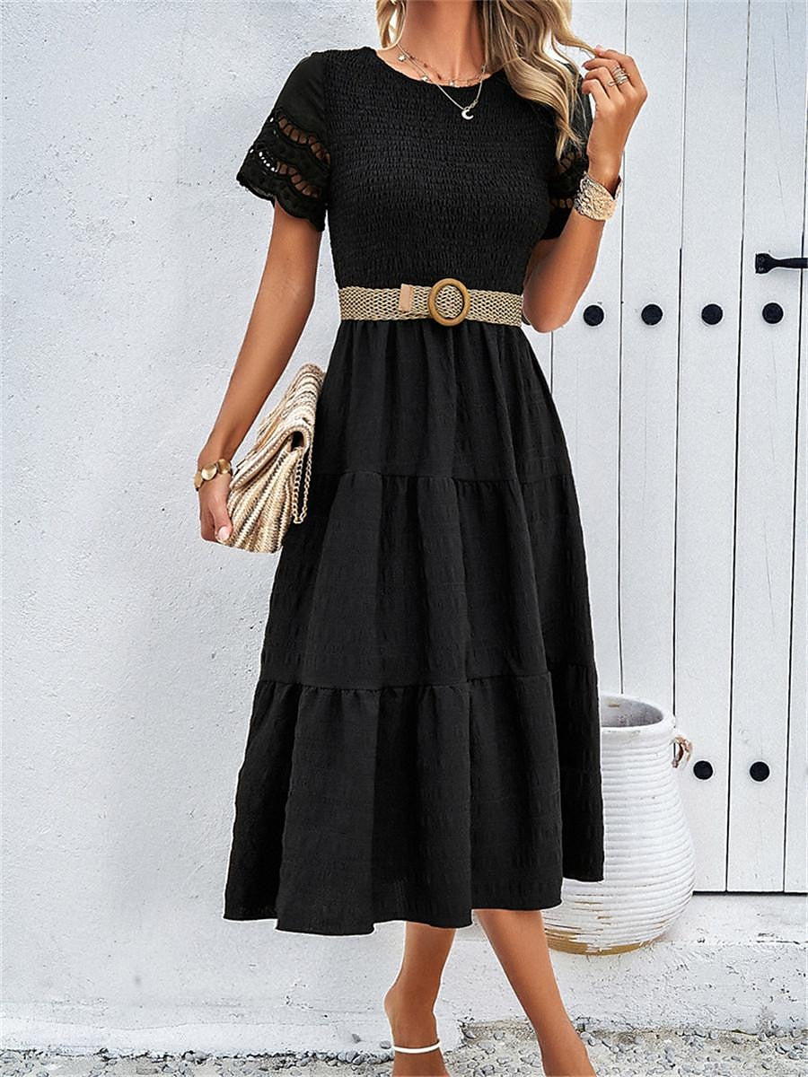 Women's White Dress Lace Dress Casual Dress Midi Dress Mesh Patchwork Date Vacation Streetwear Basic Crew Neck Short Sleeve Black White Brown Color