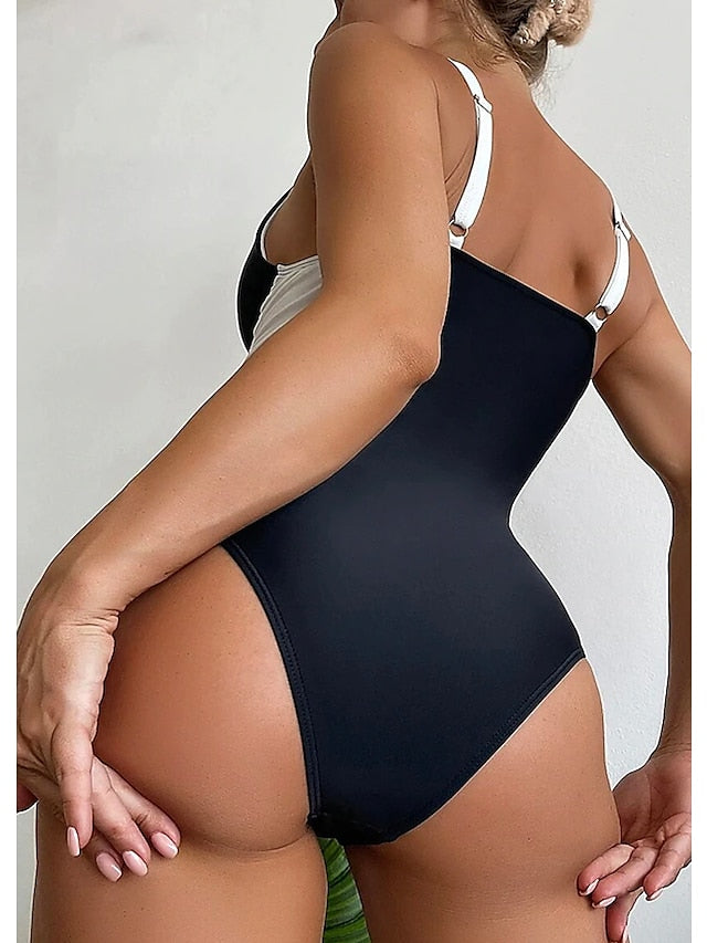 Women's Swimwear One Piece Normal Swimsuit Tummy Control Printing Geometic Black Bodysuit Bathing Suits Sports Beach Wear Summer - LuckyFash™