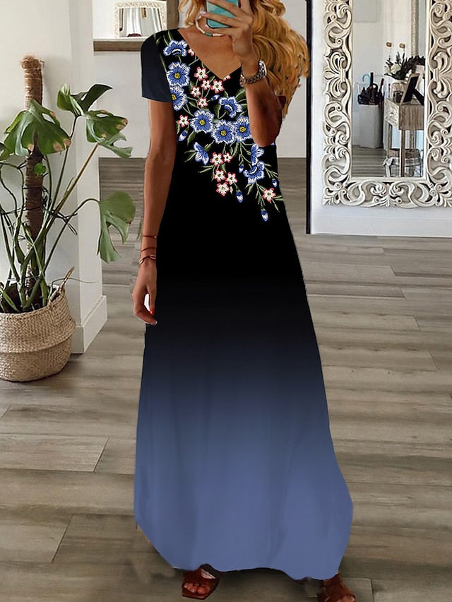 Women's Long Dress Maxi Dress Casual Dress Summer Dress Print Dress Floral Ombre Fashion Streetwear Outdoor Daily Date Print Short Sleeve V Neck Dress Regular Fit Light Green Pink Navy Blue Summer - LuckyFash™