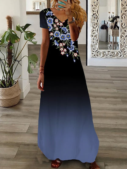 Women's Long Dress Maxi Dress Casual Dress Summer Dress Print Dress Floral Ombre Fashion Streetwear Outdoor Daily Date Print Short Sleeve V Neck Dress Regular Fit Light Green Pink Navy Blue Summer - LuckyFash™