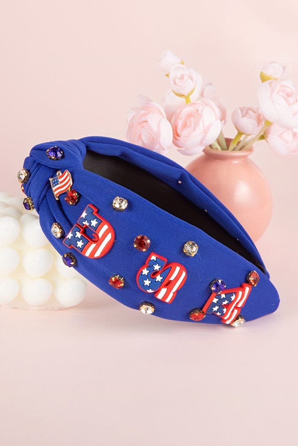 Gemstone Embellished Dark Blue USA Flag Wide Headband