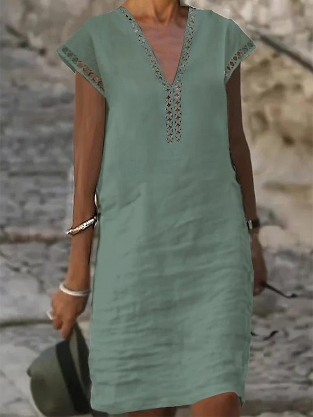 Women's Cotton Linen Dress Casual Dress Shift Dress Midi Dress Cotton Fashion Modern Outdoor Daily Vacation V Neck Cut Out Short Sleeve Summer Spring 2023 Regular Fit White Blue Green Plain S M L XL - LuckyFash™