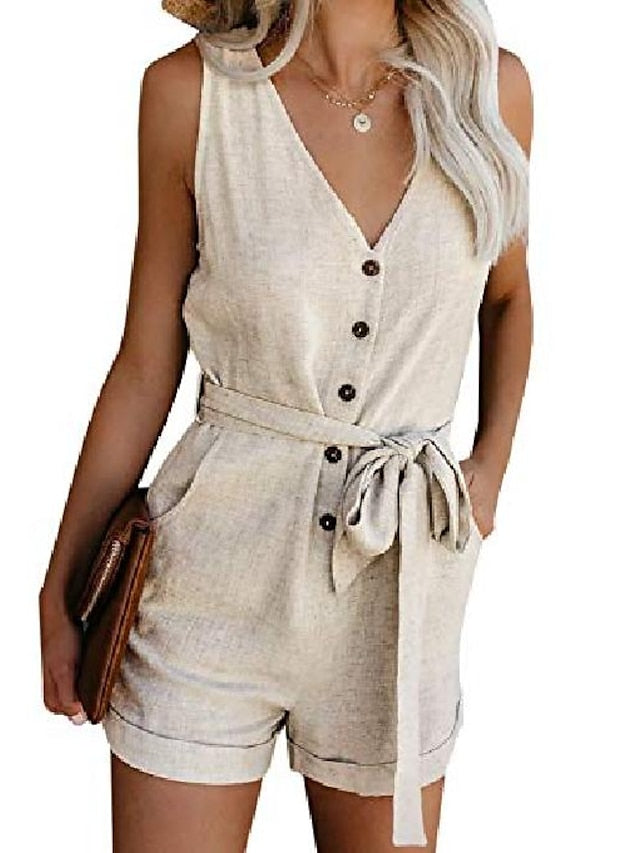 Women's Romper Solid Color Basic Holiday Daily Wear Regular Fit Sleeveless Wine Blue White S M L Spring & Summer - LuckyFash™