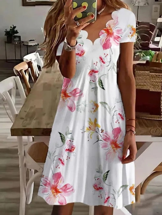Women's Casual Dress Shift Dress Floral Dress Mini Dress White Pink Red Short Sleeve Floral Ruched Summer Spring Scalloped Neck Fashion Vacation 2023 S M L XL XXL 3XL - LuckyFash™