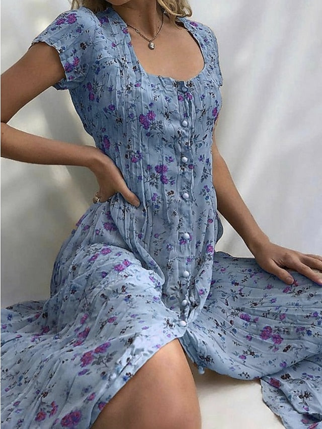 Women's Shift Dress Midi Dress Purple Pink Yellow Beige Light Blue Short Sleeve Floral Print Spring Summer Square Neck Hot Vintage Boho Loose 2023 S M L XL XXL 3XL - LuckyFash™