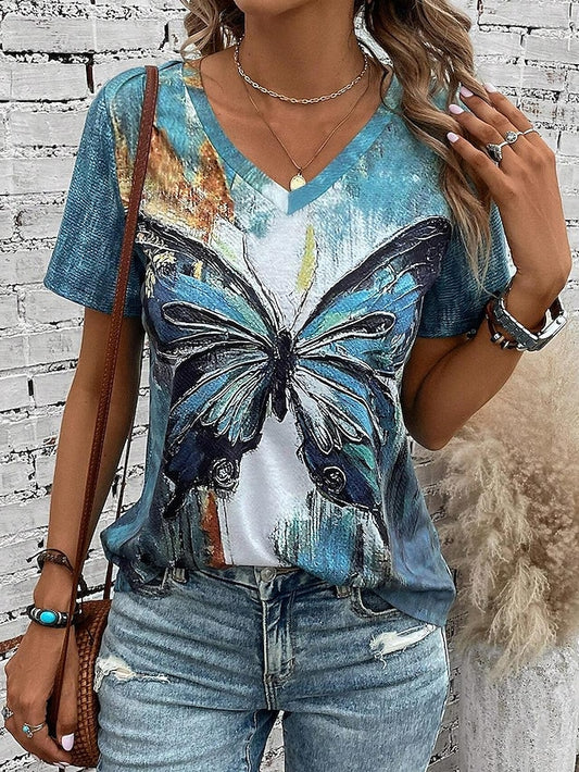 Women's T shirt Tee Butterfly Casual Daily Print Blue Short Sleeve Fashion V Neck Summer