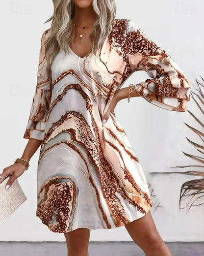 Women's Ruffle Print V Neck Ruffle Sleeve Mini Dress Tropical Date 3/4 Length Sleeve Summer Spring