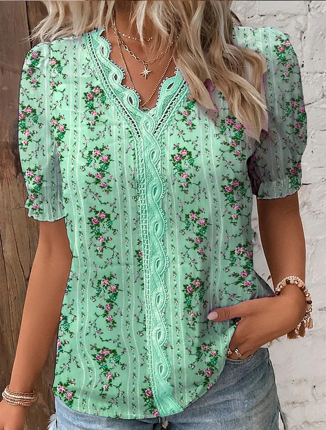 Women's Shirt Boho Shirt Lace Shirt Blouse Floral Casual Holiday Print Lace Trims Blue Short Sleeve Basic V Neck