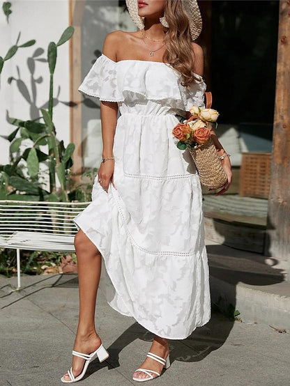 Women's White Dress Long Dress Maxi Dress Chiffon Lace Ruffle Date Vacation Streetwear A Line Off Shoulder Short Sleeve Black White Pink Color