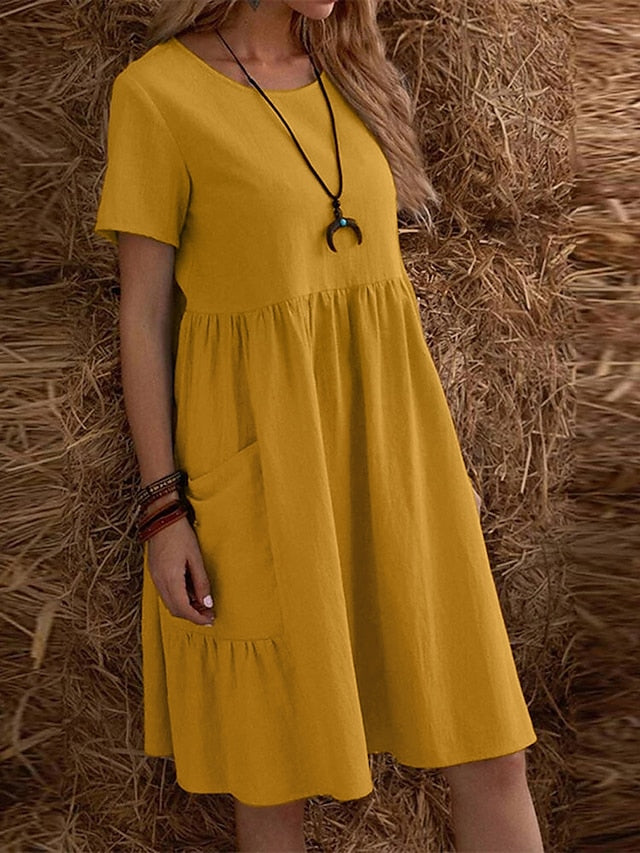 Women's Casual Dress Cotton Linen Dress Maxi long Dress Linen / Cotton Blend Fashion Street Style Daily Date Weekend Crew Neck Ruffle Pocket Short Sleeve Summer 2023 Regular Fit claret Black Yellow - LuckyFash™