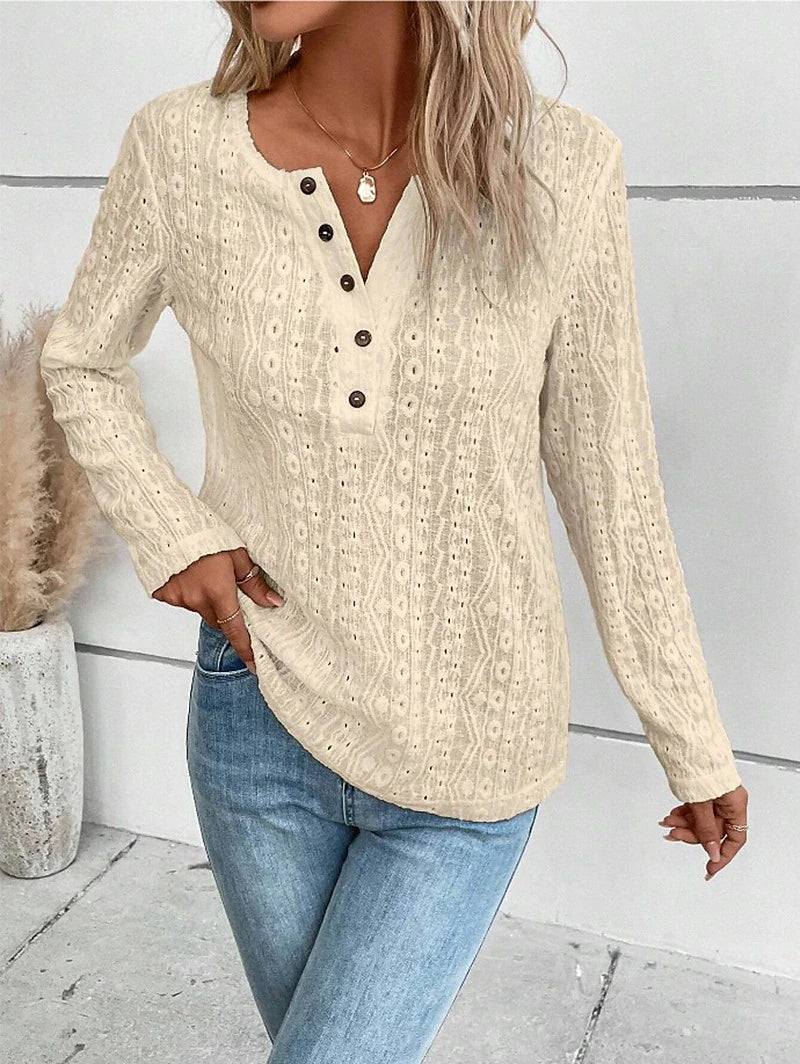 Women's Shirt Lace Shirt Blouse Eyelet top Cotton Textured Color Block Plain Work Button Black Long Sleeve Fashion Round Neck Spring &  Fall