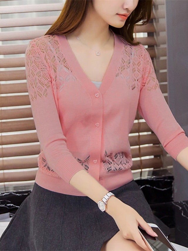 Women's Shrug Knitted Button Pure Color Stylish Elegant Casual 3/4 Length Sleeve Sweater Cardigans V Neck Spring Summer Blue White Black - LuckyFash™