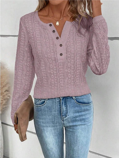 Women's Shirt Lace Shirt Blouse Eyelet top Cotton Textured Color Block Plain Work Button Black Long Sleeve Fashion Round Neck Spring &  Fall