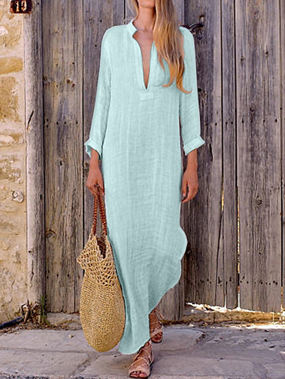 Women's Tunic Dress Maxi long Dress Cotton Linen Daily Notched Neck Long Sleeve Spring Light Pink Green