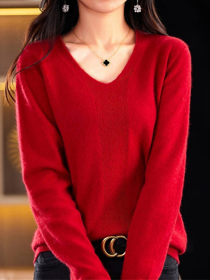 Women's Pullover Sweater Jumper V Neck Ribbed Knit Polyester Knitted Fall Winter Regular Outdoor Daily Going out Fashion Casual Soft Long Sleeve Solid Color Forest Green Cherry Red Red bean paste M L