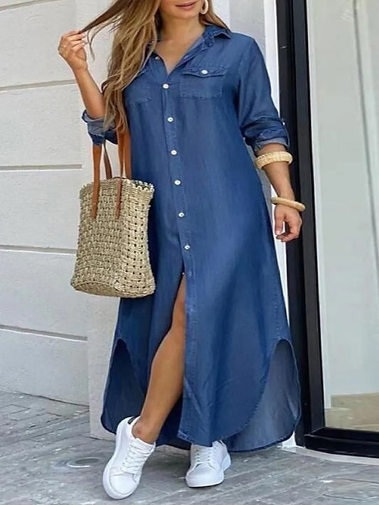 Women‘s Plus Size Curve Denim Dress Casual Dress Shift Dress Solid Color Long Dress Maxi Dress 3/4 Length Sleeve Button V Neck Fashion Daily Blue Summer Spring L XL XXL 3XL 4XL