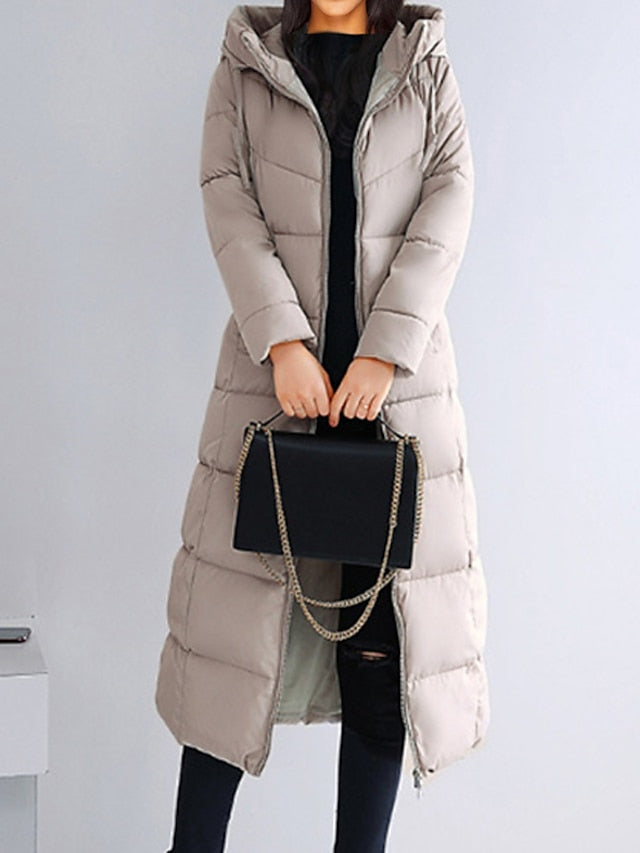 Women's Puffer Jacket Hoodie Jacket Street Daily Valentine's Day Winter Fall Long Coat Regular Fit Warm Breathable Casual Jacket Long Sleeve Solid Color Full Zip Black Dusty Rose Khaki / Going out - LuckyFash™