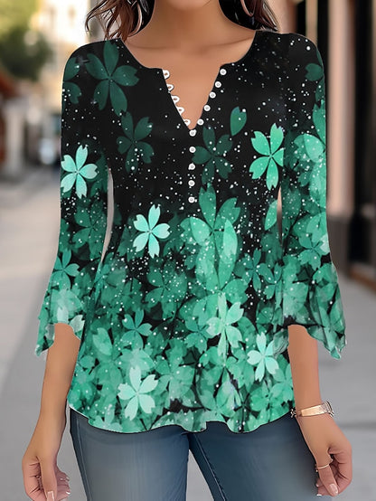 Women's Shirt Blouse Floral Casual Holiday Button Print White 3/4 Length Sleeve Fashion Round Neck Spring &  Fall