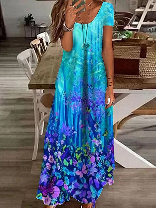 Women's Casual Dress Shift Dress Long Dress Maxi Dress White Blue Green Short Sleeve Floral Print Spring Summer Crew Neck Basic Daily Vacation Summer Dress 2023 S M L XL XXL 3XL - LuckyFash™
