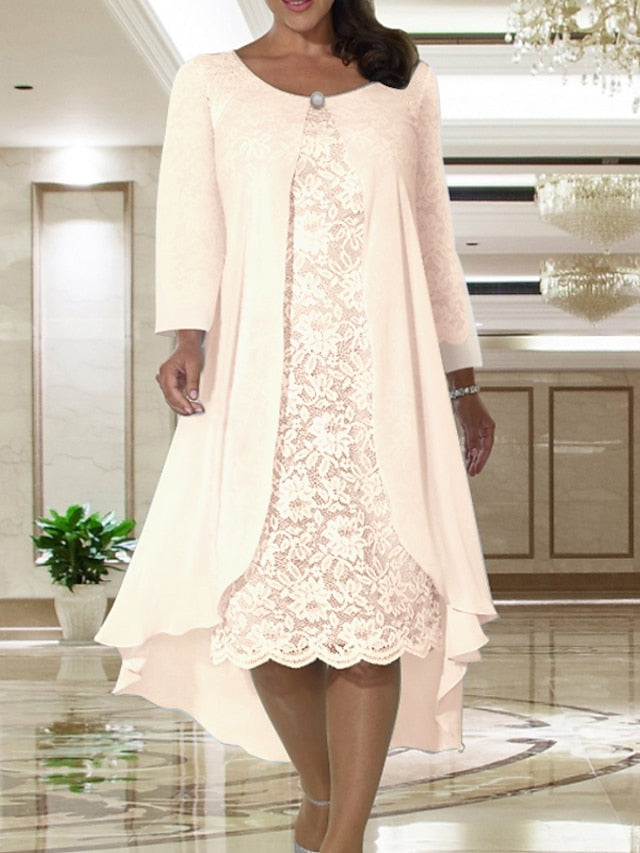 Two Piece A-Line Mother of the Bride Dress Plus Size Elegant Jewel Neck Tea Length Chiffon Lace Short Sleeve Jacket Dresses with Solid Color 2023 - LuckyFash™