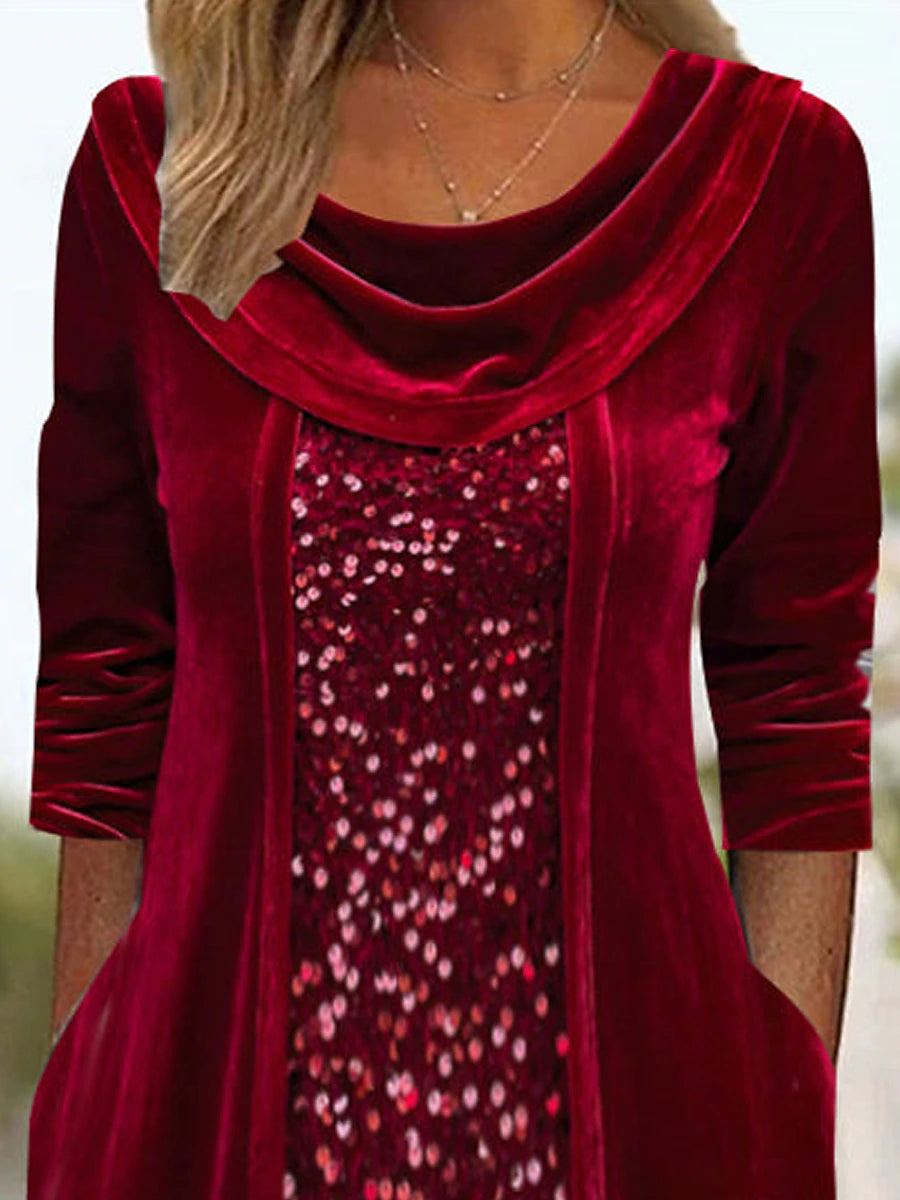 Women's Sequin Dress Velvet Dress Party Dress Sparkly Dress Christmas Midi Dress Wine Long Sleeve Sparkly Glitter Spring Fall Winter Crew Neck Dress