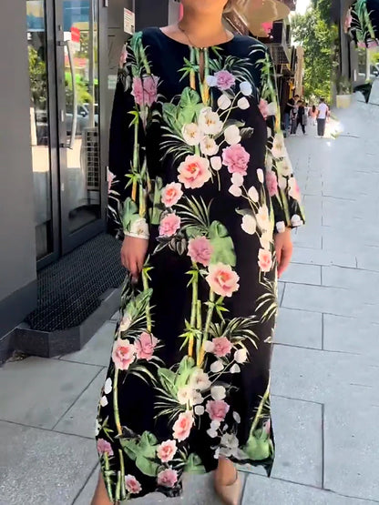 Women's Satin Dress Floral Print Crew Neck Long Dress Maxi Dress Daily Vacation Long Sleeve Summer Spring