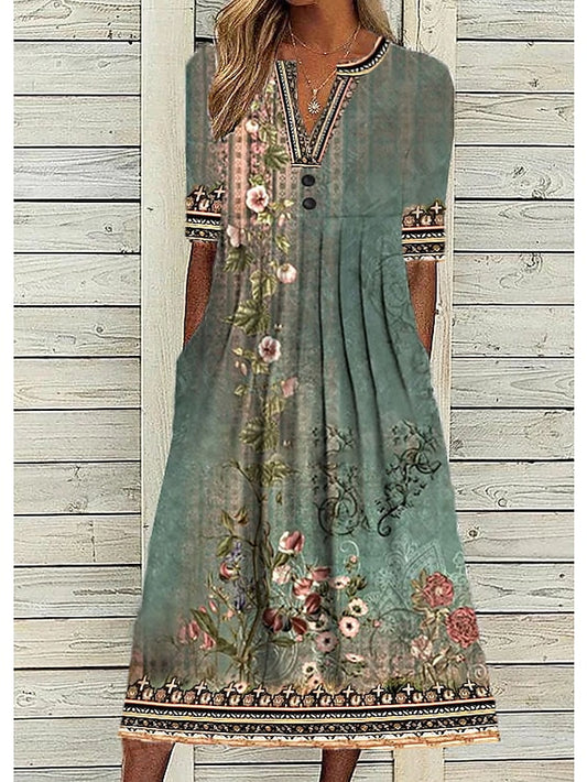 Women's Casual Dress Shift Dress Midi Dress Navy Blue Blue Orange Half Sleeve Floral Ruched Summer Spring V Neck Vintage Christmas Vacation 2023 S M L XL XXL 3XL - LuckyFash™