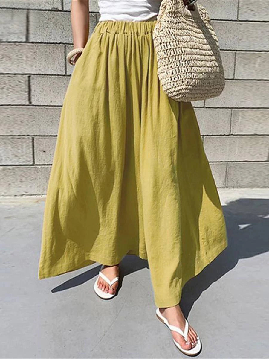 Women's Wide Leg Cotton Linen Plain Black Yellow Basic High Waist Long Daily Wear Vacation Summer Spring