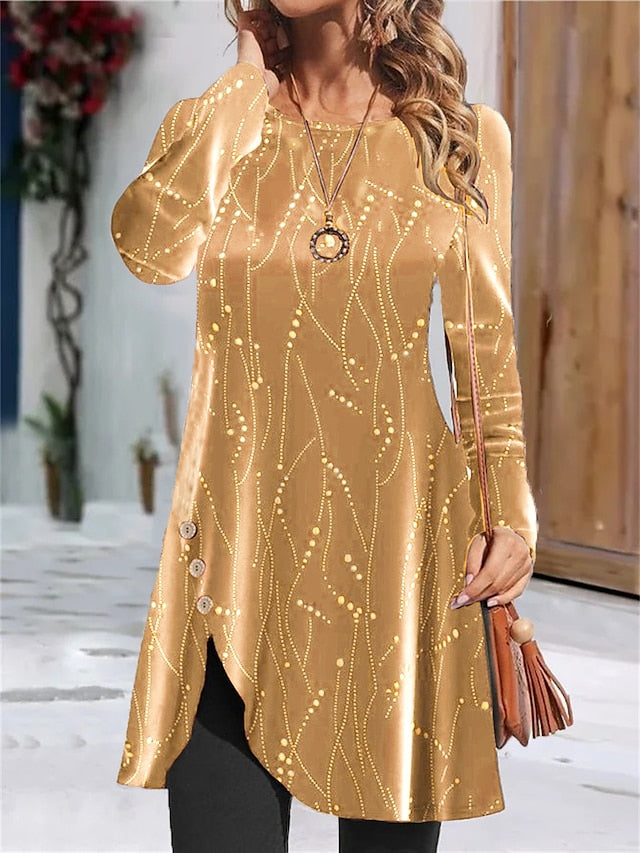 Women's Velvet Velvet Dress T Shirt Dress Tee Dress Split Gold Foil Print Crew Neck Mini Dress Party New Year Long Sleeve Fall Winter