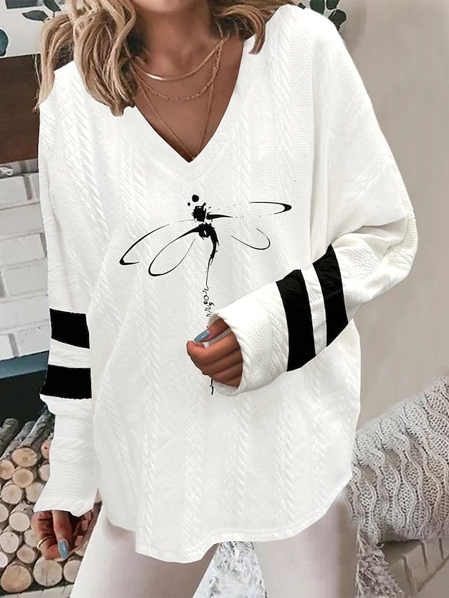 Women's Pullover Sweater Jumper V Neck Ribbed Knit Polyester Print Summer Fall Outdoor Daily Going out Stylish Casual Soft Long Sleeve Heart Animal Color Block White / Black Black White S M L