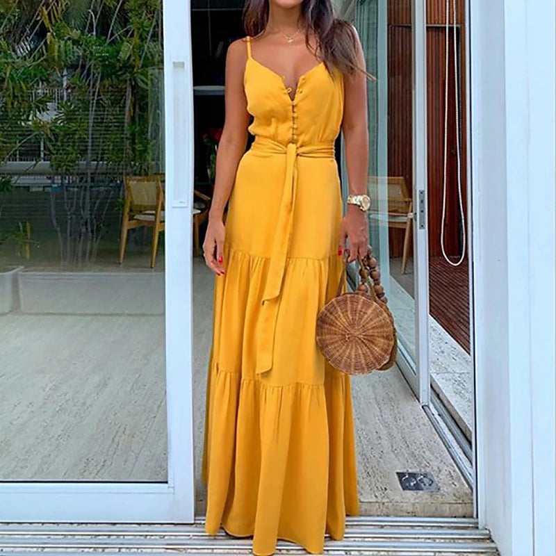 Women's White Dress Summer Dress Maxi long Dress Button Print Wedding Party Daily Elegant Modern Spaghetti Strap Sleeveless White Yellow Red Color