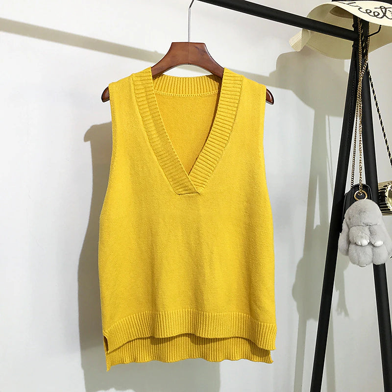 Women's Sweater Vest V Neck Knit Polyester Knitted Fall Winter School Daily Weekend Stylish Basic Casual Sleeveless Solid Color Black White Yellow One-Size