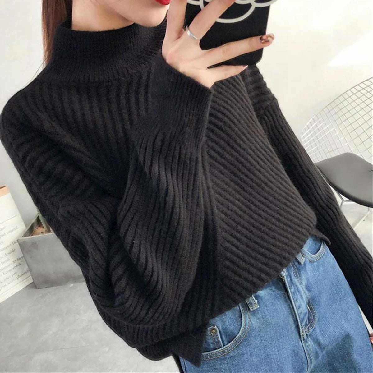 Women's Pullover Sweater Jumper Stand Collar Ribbed Knit Spandex Yarns Patchwork Split Fall Winter Regular Outdoor Daily Going out Stylish Casual Soft Long Sleeve Solid Color Black White Yellow