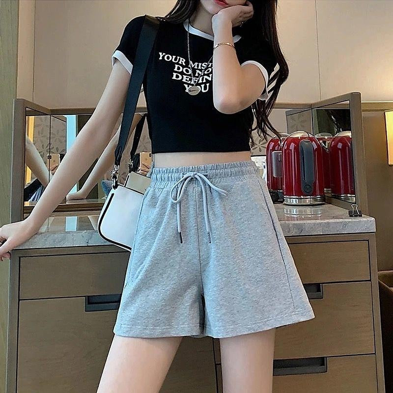 Women's Wide Leg Polyester Plain Black White Fashion Short Casual Weekend