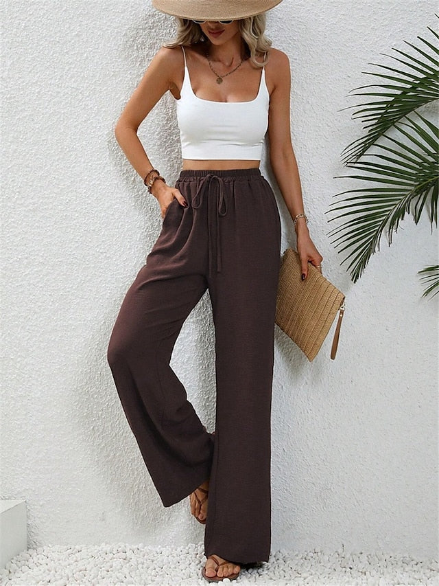 Women's Wide Leg Polyester Plain Wine Black Streetwear High Waist Long Street Daily Wear Summer Spring