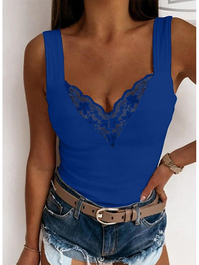 Women's Tank Top Going Out Tops Camis Concert Tops Black White Blue Plain Patchwork Lace Trims Sleeveless Party Daily Basic Sexy Sweetheart Regular S