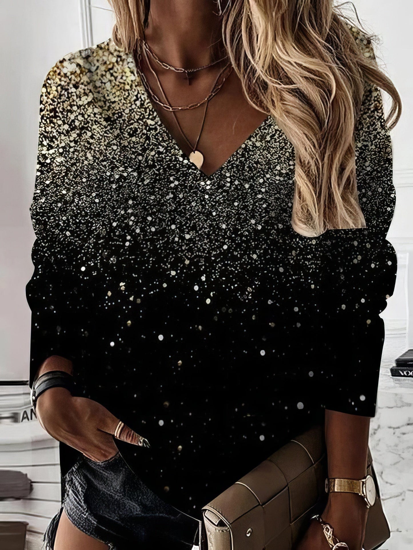 Glittering V-Neck Long Sleeve Sequin Top