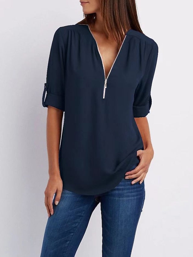 Womenâ€˜s Blouse Shirt Zipper Basic Plain Daily V Neck T-shirt Sleeve Regular Summer White Black Pink Grey Dark Blue - LuckyFash™