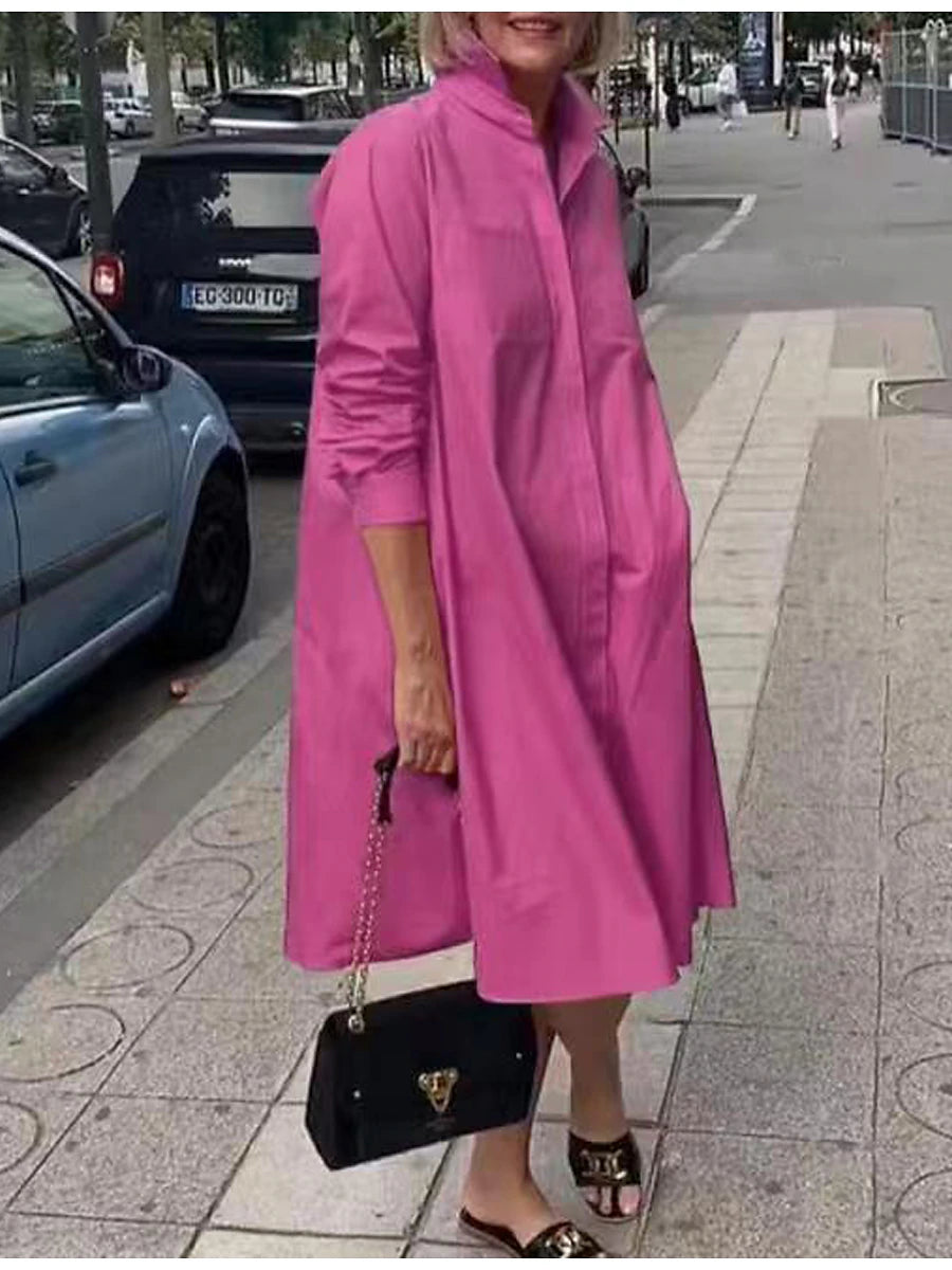 Women's Shirt Dress Midi Dress Daily Polyester Fashion Elegant Shirt Collar Pocket Long Sleeve Summer Spring Fall 2023 Loose Fit Pink Royal Blue Green Plain Pure Color S M L XL 2XL